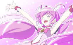 Rule 34 | 10s, 1girl, ^ ^, bow, choker, closed eyes, cure happy, dress, earrings, closed eyes, h-new, hair ornament, highres, hoshizora miyuki, jewelry, long hair, magical girl, open mouth, pink background, pink bow, pink hair, pink theme, precure, skirt, smile precure!, solo, tiara, twintails, wrist cuffs