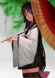 Rule 34 | 10s, 1girl, black hair, bow, brown eyes, charimei, hair bow, japanese clothes, kantai collection, long hair, low-tied long hair, oil-paper umbrella, shouhou (kancolle), smile, thighhighs, umbrella, very long hair, wet