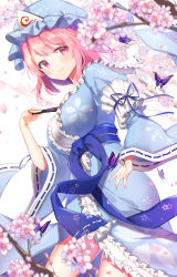 Rule 34 | 1girl, blue hat, blue kimono, blurry, blush, breasts, bug, butterfly, center frills, cherry blossoms, closed mouth, commentary request, contrapposto, depth of field, dutch angle, feet out of frame, floral print, flower, frills, from below, hand fan, hand up, hat, highres, holding, holding fan, insect, japanese clothes, kimono, konnyaku (yuukachan 51), large breasts, looking at viewer, mob cap, outdoors, pink eyes, pink flower, pink hair, saigyouji yuyuko, short hair, simple background, smile, solo, standing, swept bangs, tareme, touhou, triangular headpiece, wide sleeves