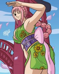 Rule 34 | 1girl, alternate costume, armpits, breasts, brown eyes, female focus, highres, large breasts, looking at viewer, one piece, pink hair, rebecca (one piece), solo, thick thighs, thighs