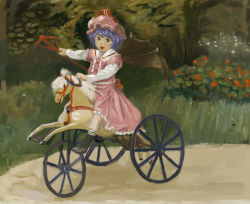 Rule 34 | 1girl, amibazh, arm up, bat wings, commentary, dress, faux traditional media, fine art parody, flower, happy, hat, horse, looking at viewer, mob cap, open mouth, outdoors, parody, playing, polearm, purple hair, remilia scarlet, rocking horse, short hair, smile, solo, spear, spear the gungnir, touhou, tricycle, weapon, wings, aged down