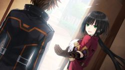 Rule 34 | 1girl, black hair, blush, breasts, fairy fencer f, fang (fairy fencer f), from behind, game cg, green eyes, harler, long hair, official art, open mouth, outstretched arm, outstretched hand, smile, tsunako