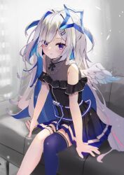Rule 34 | 1girl, absurdres, amane kanata, amane kanata (work), angel wings, asymmetrical legwear, belt, black dress, blue belt, blue hair, blue thighhighs, blush, closed mouth, colored inner hair, commentary request, dress, feathered wings, feet out of frame, frilled dress, frills, gradient dress, gradient wings, grey hair, halo, highres, hololive, jewelry, long hair, looking at viewer, midorikawa (tawf5452), mini wings, mismatched legwear, multicolored hair, multicolored wings, necklace, pink hair, pleated dress, purple eyes, short dress, sidelocks, single thighhigh, sitting, sleeveless, sleeveless dress, solo, star (symbol), star halo, star necklace, streaked hair, thigh strap, thighhighs, virtual youtuber, white wings, wings