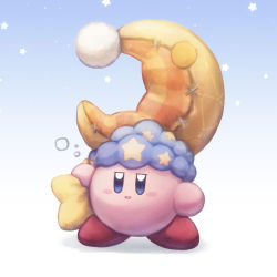 Rule 34 | blue background, blue eyes, blush, crescent moon, grabbing, gradient background, half-closed eyes, hat, kirby, kirby (series), kirby and the forgotten land, looking at viewer, moon, nintendo, open mouth, pillow, simple background, sleep kirby, sleepy, smile, standing, star (symbol), star-shaped pillow, starry background, tr gohan