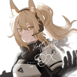 Rule 34 | 1girl, animal ears, arknights, armor, artist name, backlighting, black gloves, blonde hair, blurry, blurry foreground, breastplate, gloves, happy birthday, headset, horse ears, long hair, looking at viewer, nearl (arknights), pauldrons, ponytail, shoulder armor, simple background, solo, ting (machi nakahara), upper body, white background, yellow eyes