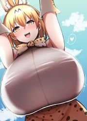 Rule 34 | :d, absurdres, animal ears, arms up, blonde hair, blush, bow, bowtie, breasts, cat ears, cat girl, cloud, cloudy sky, commission, dutch angle, elbow gloves, gigantic breasts, gloves, highres, kemono friends, megao 3rd, open mouth, pixiv commission, serval (kemono friends), serval print, shirt, short hair, skirt, sky, sleeveless, sleeveless shirt, smile, solo, traditional bowtie, upper body, white shirt, yellow eyes