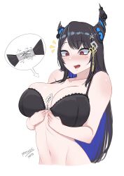 Rule 34 | 1girl, absurdres, asymmetrical horns, bare shoulders, black hair, blue hair, bra, breasts, colored inner hair, demon horns, hair ornament, highres, hololive, hololive english, horns, large breasts, long hair, mole, mole under eye, multicolored hair, myth1carts, navel, nerissa ravencroft, open mouth, red eyes, signature, simple background, solo, tassel, tassel hair ornament, two-tone hair, underwear, uneven horns, virtual youtuber, white background