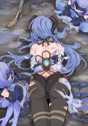Rule 34 | 3girls, absurdres, ahoge, ass, backless outfit, bare shoulders, blue hair, bodysuit, bound, bound arms, bound wrists, bow, broken bow, bruise, cicin mage (genshin impact), cryo cicin mage (genshin impact), defeat, detached sleeves, from above, from behind, ganyu (genshin impact), genshin impact, gloves, goat horns, highres, horns, huge ass, injury, leotard, long hair, lying, mask, multiple girls, on stomach, pantyhose, short hair, torn clothes, torn pantyhose, ttptt, very long hair, waist cape