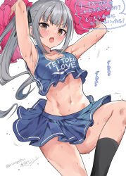 Rule 34 | 1girl, alternate costume, armpits, black ribbon, black skirt, black socks, cheerleader, commentary request, crop top, english text, flying sweatdrops, grey hair, hair ribbon, highres, holding, holding pom poms, kantai collection, kasumi (kancolle), knee up, kneehighs, long hair, looking at viewer, midriff, mizuta kenji, navel, one-hour drawing challenge, open mouth, pom pom (cheerleading), pom poms, revision, ribbon, side ponytail, signature, skirt, sleeveless, socks, solo, stomach, sweat, translation request, twitter username, very sweaty, white background, yellow eyes