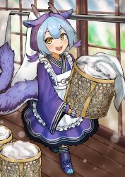 Rule 34 | 1girl, absurdres, adeshi (adeshi0693119), apron, basket, blanket, blue dress, blue hair, dragon girl, dragon horns, dragon tail, dress, duel monster, frilled apron, frills, full body, highres, holding, holding basket, horns, laundry, laundry basket, laundry dragonmaid, looking at viewer, maid, medium hair, smile, solo, tail, wa maid, yellow eyes, yu-gi-oh!