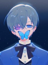 Rule 34 | 1boy, black background, black bow, black bowtie, black hair, blue butterfly, blue eyes, blue jacket, blue sleeves, bow, bowtie, bug, butterfly, butterfly on mouth, buttons, ciel phantomhive, coattails, collared jacket, collared shirt, commentary, covered mouth, earrings, eyelashes, eyes visible through hair, gleam, grey vest, hair over one eye, heterochromia, high collar, highres, insect, jacket, jewelry, kuroshitsuji, looking at viewer, male focus, no eyewear, open clothes, open jacket, pinstripe pattern, pinstripe vest, purple eyes, shirt, short hair, simple background, solo, straight-on, striped clothes, striped vest, stud earrings, symbol-only commentary, upper body, vertical-striped clothes, vertical-striped vest, very short hair, vest, white shirt, yeshisi