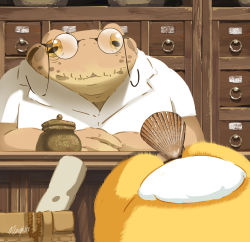 Rule 34 | bird, chick, desk, eye contact, file cabinet, frog, glasses, hachiya shohei, highres, indoors, looking at another, no humans, original, scroll, seashell, shell, shirt, white headwear, white shirt, yellow eyes