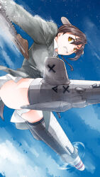 Rule 34 | 1girl, animal ears, blue sky, brown eyes, brown hair, cloud, cloudy sky, commentary, dog ears, dog tail, flying, frown, gertrud barkhorn, grey jacket, grimace, gun, highres, holding, holding gun, holding weapon, jacket, kaya (nari1-24), legs up, long hair, looking at viewer, machine gun, mg42, military, military uniform, miniskirt, motion blur, panties, pleated skirt, skirt, sky, solo, strike witches, striker unit, tail, twintails, underwear, uniform, weapon, white panties, white skirt, world witches series