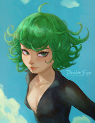 Rule 34 | 1girl, ahoge, artist name, black dress, blue background, blue sky, blush, breasts, cloud, cloudy sky, collar, collarbone, covered erect nipples, curly hair, dandon fuga, dress, eyelashes, female focus, green eyes, green hair, light smile, lips, long sleeves, looking at viewer, matching hair/eyes, one-punch man, outdoors, short hair, simple background, sky, small breasts, smile, solo, tatsumaki, upper body