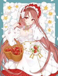 Rule 34 | 1girl, absurdres, bonnet, bow, bowtie, breasts, brown hair, cleavage, drawing kanon, floral background, flower, food, food-themed hair ornament, fruit, hair ornament, highres, lolita fashion, long hair, medium breasts, official art, original, red eyes, ribbon, ribbon (kirby), strawberry, strawberry hair ornament
