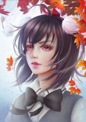 Rule 34 | 1girl, ahoge, artist request, autumn leaves, black bow, black bowtie, black vest, bow, bowtie, buttons, dress shirt, eyeshadow, falling leaves, grey background, hat, leaf, lips, looking at viewer, makeup, meng meng miao pie, parted lips, pink eyes, pom pom (clothes), realistic, red hair, shameimaru aya, shirt, short hair, simple background, solo, teeth, tokin hat, touhou, upper body, vest