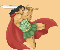 Rule 34 | 1boy, black hair, cape, dressrosa, gladiator, kyros, male focus, one piece, pteruges, red cape, sandals, solo, sword, weapon