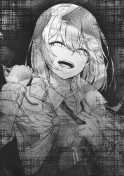 Rule 34 | 1girl, clothes pull, greyscale, hair ornament, high-waist skirt, highres, hololive, hololive english, jacket, monochrome, open mouth, plaid, plaid skirt, shirt pull, skirt, smile, solo, syringe, upper body, virtual youtuber, watson amelia, watson amelia (1st costume), weizen