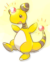 Rule 34 | ampharos, arms up, artist name, black eyes, blush, creatures (company), forehead jewel, full body, game freak, gen 2 pokemon, glowing, happy, leg up, nintendo, no humans, open mouth, pokemon, pokemon (creature), shiny skin, signature, simple background, smile, solo, standing, standing on one leg, tansho, yellow background