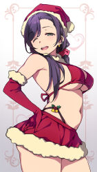 Rule 34 | 1girl, ;d, bikini, bikini top only, breasts, christmas, duke (inu daimyou), elbow gloves, from side, fur trim, gloves, green eyes, hand on own hip, hat, large breasts, long hair, love live!, love live! school idol project, low twintails, miniskirt, mistletoe, navel, one eye closed, open mouth, pantylines, pom pom (clothes), purple hair, red skirt, santa bikini, santa gloves, santa hat, sideboob, skirt, smile, solo, stomach, swimsuit, tojo nozomi, twintails, underboob, whale tail (clothing)