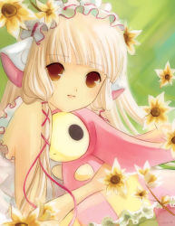 Rule 34 | 00s, 1girl, blonde hair, bonnet, brown eyes, chii, chobits, elise trinh, flower, hair tubes, long hair, pda (chobits), robot ears, solo, stuffed toy
