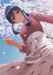 Rule 34 | 1girl, alternate costume, blue eyes, blue hair, blush, breasts, cherry blossoms, day, feather print, from below, gotland (kancolle), hair bun, holding, holding petal, jewelry, kantai collection, medium breasts, mole, mole under eye, nail polish, necklace, outdoors, petals, pink shirt, shirt, single hair bun, skirt, sky, smile, solo, tantaka, yellow nails