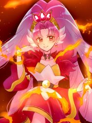 Rule 34 | 1girl, akagi towa, belt, black background, black choker, bracelet, choker, closed mouth, collarbone, cowboy shot, cure scarlet, detached sleeves, dot nose, earrings, fire, go! princess precure, jewelry, long hair, magical girl, namo (namo suuun), parted bangs, pink hair, pointy ears, precure, red eyes, red sleeves, ringlets, simple background, smile, solo, standing