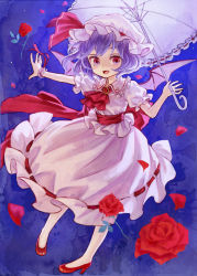 Rule 34 | 1girl, ama-tou, ascot, bat wings, blue hair, brooch, female focus, flower, hat, hat ribbon, high heels, jewelry, no socks, open mouth, outstretched arm, outstretched hand, parasol, petals, puffy sleeves, purple eyes, red flower, red rose, remilia scarlet, ribbon, rose, sash, shirt, shoes, short hair, short sleeves, skirt, smile, solo, touhou, umbrella, wings, wrist cuffs, wrist ribbon
