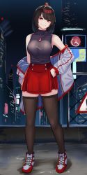 Rule 34 | 1girl, absurdres, blush, breasts, closed mouth, commission, full body, grey sweater, hand on own hip, highres, huge filesize, jewelry, kanta (kanta 077), looking at viewer, multicolored footwear, necklace, original, red footwear, red skirt, ribbed sweater, shoes, skirt, sleeveless, smile, sneakers, solo, sweater, thighhighs, white footwear