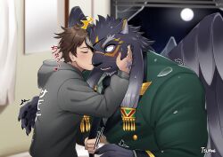 Rule 34 | 2boys, absurdres, animal ears, artist name, bara, bedroom, blush, broken glass, closed eyes, commentary, english commentary, eyepatch, feathered wings, furry, furry male, furry with non-furry, glass, hair ornament, hand on another&#039;s cheek, hand on another&#039;s face, highres, holding necktie, hood, hoodie, interspecies, jaguar boy, jaguar ears, kiss, kissing cheek, looking at another, male focus, military uniform, moon, multiple boys, night, night sky, protagonist 4 (housamo), sky, star (symbol), surprised, tezcatlipoca (housamo), tokyo houkago summoners, tsuroe, uniform, window, wings, yaoi