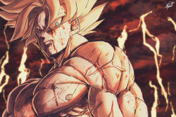 Rule 34 | 1boy, absurdres, blonde hair, blood, blood from mouth, blood on face, blue eyes, dragon ball, dragonball z, expressionless, highres, injury, kamiyama sumu, large pectorals, looking at viewer, male focus, muscular, nipples, nude, pectorals, serious, solo, son goku, spiked hair, super saiyan, super saiyan 1, upper body, veins