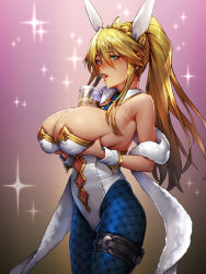 Rule 34 | 1girl, absurdres, ahoge, animal ears, areola slip, artoria pendragon (all), artoria pendragon (fate), artoria pendragon (swimsuit ruler) (fate), bare shoulders, between breasts, blonde hair, blue necktie, blue pantyhose, blush, braid, breast hold, breasts, bubble tea challenge, cleavage, clothing cutout, detached collar, fake animal ears, fate/grand order, fate (series), feather boa, fishnet pantyhose, fishnets, french braid, green eyes, hair between eyes, highleg, highleg leotard, highres, huge breasts, leotard, long hair, looking at viewer, navel, navel cutout, necktie, nipples, pantyhose, playboy bunny, ponytail, rabbit ears, radjeong, sidelocks, solo, standing, thigh strap, thighs, tiara, tongue, tongue out, white leotard, wrist cuffs