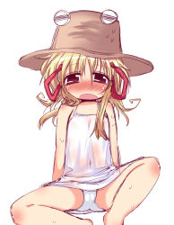 Rule 34 | 1girl, bare arms, bare shoulders, blonde hair, blush, bow, dress, hair bow, hair ribbon, hat, moriya suwako, muuba, open mouth, panties, ribbon, see-through, silver hair, simple background, sleeveless, sleeveless dress, solo, spread legs, sundress, sweat, touhou, underwear, wet, wet clothes, wet dress, white background, white dress, white panties