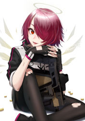 Rule 34 | 1girl, angel wings, arknights, black gloves, black pantyhose, black thighhighs, exusiai (arknights), eyebrows hidden by hair, fingerless gloves, gloves, gun, hair over one eye, halo, highres, holding, holding gun, holding weapon, ikemeru19, jacket, looking at viewer, pantyhose, red eyes, red hair, short hair, simple background, sitting, smile, solo, thighhighs, torn clothes, torn legwear, weapon, white background, wings
