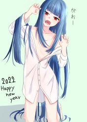 Rule 34 | 1girl, 2022, a.i. voice, absurdres, barefoot, blue hair, blunt bangs, breasts, claw pose, dated, fang, green background, happy new year, highres, hime cut, kotonoha aoi, long hair, long sleeves, new year, off shoulder, open mouth, red eyes, see-through silhouette, shadow, shirt, sidelocks, simple background, skin fang, small breasts, solo, tongue, tyadu, very long hair, voiceroid, white shirt