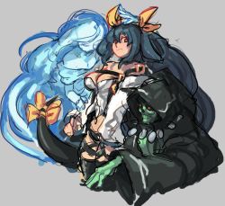 Rule 34 | 1boy, 2girls, asymmetrical wings, belt, blue hair, breasts, cleavage, cleavage cutout, clothing cutout, dizzy (guilty gear), guilty gear, guilty gear xrd, hair ribbon, hair rings, monster girl, multiple girls, necro (guilty gear), piku184, red eyes, ribbon, tail, tail ornament, tail ribbon, thigh strap, thighhighs, thighs, twintails, undine (guilty gear), wings, yellow ribbon