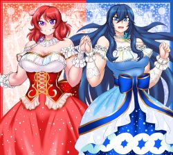 Rule 34 | 2girls, absurdres, bare shoulders, blue background, blue dress, blue eyes, blue hair, breasts, collar, crossover, dress, fire emblem, hair between eyes, highres, holding hands, kyelyn, looking at viewer, love live!, love live! school idol project, lucina (fire emblem), matching hair/eyes, medium breasts, multiple girls, nintendo, nishikino maki, open mouth, purple eyes, red background, red dress, red hair, smile