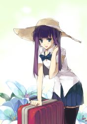 Rule 34 | 1girl, arm support, bad id, bad pixiv id, black thighhighs, blue eyes, blunt bangs, blush, bow, bowtie, floral background, flower, hair flip, hat, leaning, long hair, open mouth, purple hair, sakura sora, skirt, smile, solo, straw hat, suitcase, thighhighs, working!!, yamada aoi, zettai ryouiki