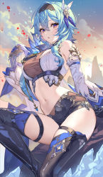 Rule 34 | 1girl, absurdres, adapted costume, alternate costume, black footwear, black hairband, blue cape, blue hair, blue necktie, boots, breasts, cape, commentary, detached sleeves, eula (genshin impact), frilled sleeves, frills, genshin impact, hair between eyes, hairband, high-waist shorts, highres, large breasts, looking at viewer, medium hair, multicolored eyes, navel, necktie, purple eyes, short shorts, shorts, solo, teffish, thigh boots, thighs, vision (genshin impact), white sleeves, yellow eyes