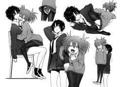 Rule 34 | 2girls, :d, ass, back, blush, cardigan, chair, fumitan (humitan), greyscale, highres, hug, lifting person, long hair, looking at viewer, monochrome, multiple girls, nail polish, necktie, open mouth, original, panties, pantyhose, pleated skirt, school uniform, shoes, short hair, simple background, sitting, skirt, sleeves past wrists, smile, socks, teeth, tongue, tongue out, twintails, underwear, uwabaki, white background