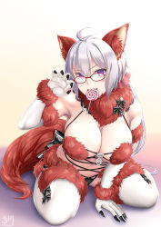 Rule 34 | 1girl, ahoge, alternate color, animal ears, blush, breasts, candy, cleavage, cosplay, elbow gloves, fate/grand order, fate (series), food, fur-trimmed gloves, fur-trimmed legwear, fur trim, glasses, gloves, halloween, halloween costume, large breasts, lollipop, long hair, looking at viewer, mash kyrielight, mash kyrielight (dangerous beast), mash kyrielight (dangerous beast) (cosplay), mouth hold, navel, o-ring, o-ring top, official alternate costume, open mouth, osafune kairi, purple eyes, red-framed eyewear, revealing clothes, ribbon, senki zesshou symphogear, shielder (fate/grand order) (cosplay), silver hair, sitting, solo, swirl lollipop, tail, thighhighs, twintails, wariza, wolf ears, wolf tail, yukine chris