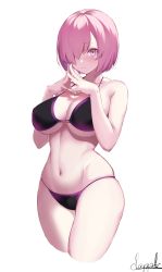 Rule 34 | 1girl, absurdres, alternate costume, bare shoulders, bikini, black bikini, blush, breasts, cleavage, collarbone, fate/grand order, fate (series), hair over one eye, highres, large breasts, light purple hair, looking at viewer, mash kyrielight, navel, purple eyes, short hair, simple background, solo, spider apple, swimsuit, thighs, white background
