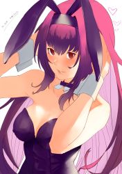 Rule 34 | 1girl, absurdres, animal ears, black hairband, blush, breasts, cleavage, collar, collarbone, covered erect nipples, fake animal ears, fate/grand order, fate (series), hair between eyes, hair intakes, hairband, highres, leotard, long hair, medium breasts, multicolored hair, nyahpa20, official alternate costume, parted lips, playboy bunny, purple hair, purple leotard, rabbit ears, red eyes, scathach (fate), scathach (piercing bunny) (fate), silver hair, smile, solo, strapless, strapless leotard, two-tone hair, upper body, very long hair