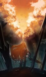 Rule 34 | 1girl, bird, black pants, black shirt, cloud, harpoon, highres, holding, holding weapon, ishmael (project moon), limbus company, long hair, long sleeves, orange hair, pants, project moon, rain, shiqicheng, shirt, sky, solo, standing, sunset, very long hair, weapon