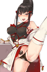 Rule 34 | 1girl, :d, animal print, ass, bare shoulders, black hair, blush, breasts, covered erect nipples, gloves, heart, heart-shaped pupils, highres, leg up, leopard print, looking at viewer, mature female, medium breasts, mishima kazumi (tekken), namco, naughty face, open mouth, ponytail, pubic tattoo, red eyes, shibari, smell, smile, solo, spread legs, steam, sweat, symbol-shaped pupils, tattoo, teeth, tekken, thighhighs, tongue, tongue out, torn clothes, tuxedo de cat, white thighhighs