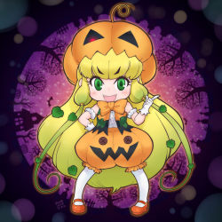 Rule 34 | 10s, 1girl, :d, arm scrunchie, bare shoulders, blonde hair, bow, bowtie, button eyes, buttons, center frills, chibi, commentary, dated, fangs, frills, gloves, green eyes, green hair, hakkatou, halloween, hand on own hip, highres, index finger raised, jack-o&#039;-lantern (kemono friends), kemono friends, leaf, long hair, looking at viewer, low twintails, open mouth, orange footwear, orange pants, pants, pantyhose, plant, puffy pants, pumpkin hat, red bow, red bowtie, scrunchie, shirt, shoes, smile, solo, twintails, v-shaped eyebrows, very long hair, white gloves, white pantyhose, white scrunchie, white shirt
