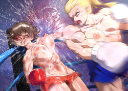 Rule 34 | 2girls, abs, blonde hair, blue eyes, boxing, boxing gloves, boxing ring, brown hair, bruise, catfight, face punch, fighting, hair pulled back, in the face, injury, mask, mouth mask, multiple girls, muscular, muscular female, norbon, open mouth, original, punched, punching, ryona, saliva, short hair, sweat, nervous sweating, topless