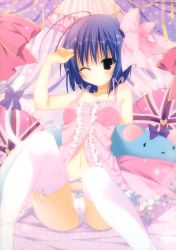 Rule 34 | 1girl, ;), ;o, absurdres, arm up, bare shoulders, bed, blue hair, blush, bow, bow panties, cameltoe, camisole, cat tail, curtains, dress, garter belt, garter straps, hair bow, heart, highres, inugami kira, looking at viewer, navel, one eye closed, open mouth, panties, pillow, pink bow, pink dress, purple bow, purple eyes, short hair, sitting, smile, solo, star (symbol), star print, stuffed animal, stuffed toy, tail, thighhighs, underwear, white panties, white thighhighs, wink