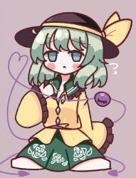 Rule 34 | 1girl, absurdres, black hat, blush, blush stickers, bow, buttons, diamond button, fanning self, floral print, frilled shirt collar, frilled sleeves, frills, green eyes, green hair, green skirt, hat, hat bow, heart, heart of string, highres, hot, komeiji koishi, light green hair, long sleeves, medium hair, open clothes, open shirt, rose print, shirt, simple background, sitting, skirt, sleeves past wrists, solo, third eye, touhou, waroemon, yellow bow, yellow shirt