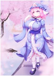 Rule 34 | 1girl, breasts, cherry blossoms, day, dollyspica, full body, hat, highres, huge breasts, japanese clothes, kimono, long sleeves, looking to the side, mary janes, mob cap, obi, outdoors, petals, pink eyes, pink hair, saigyouji yuyuko, sash, shoes, short hair, smile, socks, solo, touhou, tree, triangular headpiece, white socks, wide sleeves